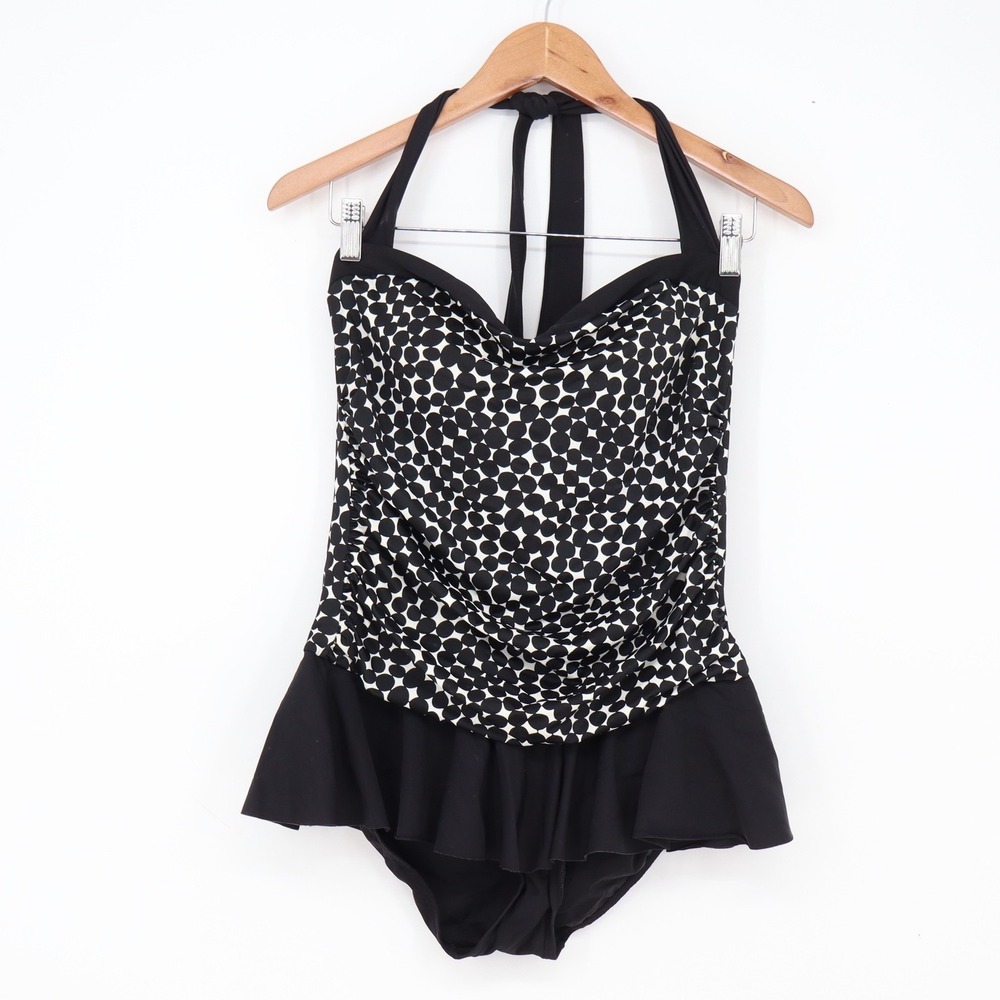 Aqua Green Swim Dress Womens Large Black Polka Dot Ruffle Excellent